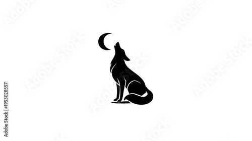A silhouette of a wolf howling at a crescent moon, on a pristine white background