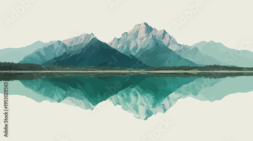 Simplified graphic of mountains and lake, with a mirror-like reflection in turquoise water