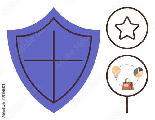 Online security, brand evaluation, business strategy, risk management, market analysis, data protection. A shield icon and circular visual elements thumbs up growth charts. Online security