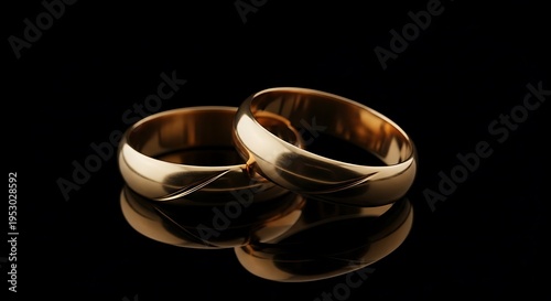 Two golden wedding bands, one slightly angled, reflecting on a black background