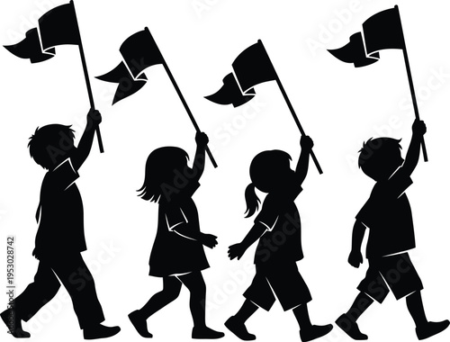 Children protesting with flags in silhouette