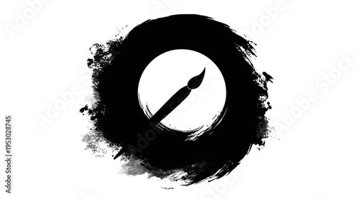 Stylized black ink brush circle with a white center and a paintbrush silhouette inside