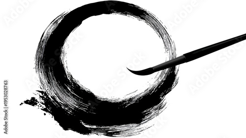A striking image features a brush poised to complete a bold black ink circle on a white background