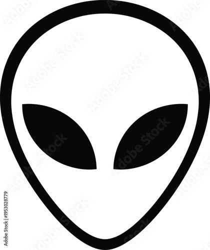 Black and white minimalist alien head icon, extraterrestrial face with large eyes, vector illustration, isolated on white background