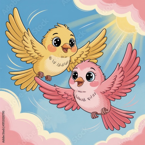 Two cartoon birds flying together in a sunny sky with clouds