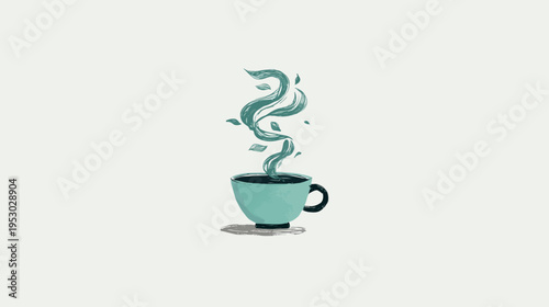 A teal-colored mug releases steam with hints of leaves on a light background