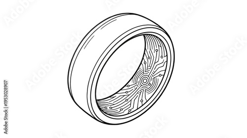 Outline drawing of a sleek smart ring showing intricate internal circuitry for advanced biometric tracking technology.