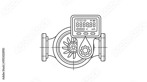 Digital line art illustration of a modern flow meter, accurately measuring fluid consumption with turbine and display.