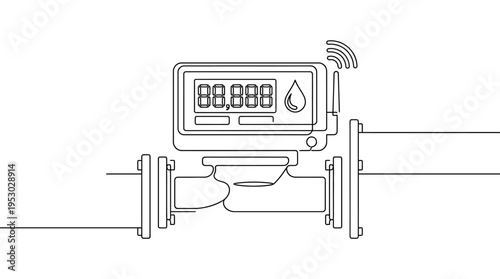 Continuous line drawing of a smart water flow meter, digitally displaying consumption data with wireless connectivity.