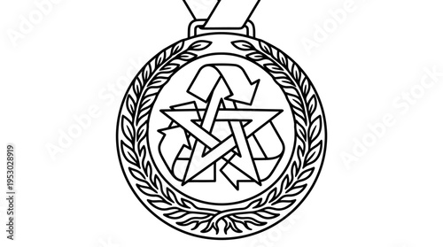 Outline drawing of an environmental award medal featuring the universal recycling symbol and laurel wreath design