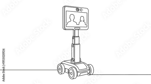 Line art illustration of a mobile telepresence robot featuring a screen displaying a video call connection.