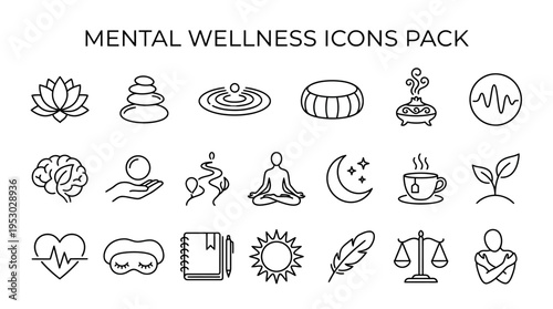 A comprehensive pack of outline icons illustrating mental wellness, spiritual balance, and holistic health practices.