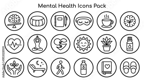 This comprehensive mental health icons pack provides various outline symbols representing wellness, self-care, and psychological well-being.