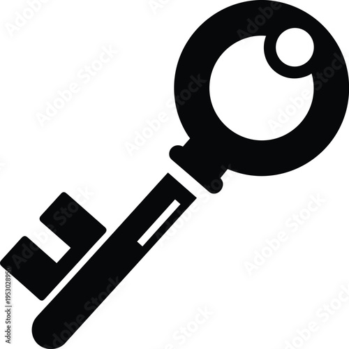 Black antique key icon, minimalist skeleton key vector illustration, secret access symbol, vintage lock security, success solution concept