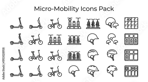 Comprehensive set of black line art icons illustrating various micro-mobility vehicles and essential safety equipment