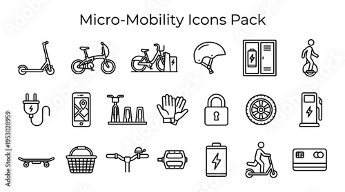 Collection of black outline icons representing various aspects of modern electric micro mobility and transportation devices.