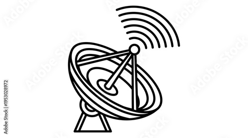 Black and white line art illustration of a satellite dish transmitting wireless signals, representing global communication technology.