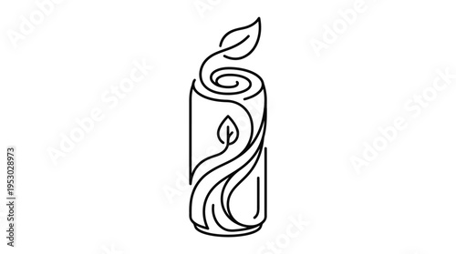 A stylized line art illustration of a sleek beverage can featuring organic leaf patterns, representing natural and eco-friendly products.