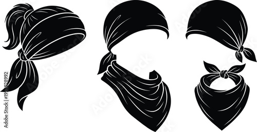 Black bandana icons, headscarf and neck gaiter silhouettes, biker and pirate headwear collection, fashion accessories, clothing vector illustration, isolated apparel design