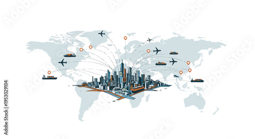 Global Logistics Network: City Skyline, Ships, Planes, World Map, Connected Transportation Routes