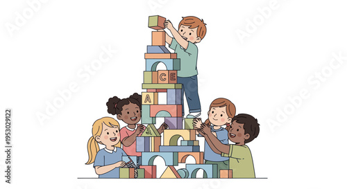 Diverse children building tall block tower, teamwork and childhood fun