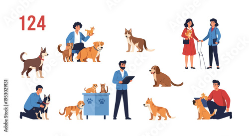 Dog Grooming And Pet Care Collection: People With Dogs and Cats, Veterinary Clinic Scene, Animal Lovers