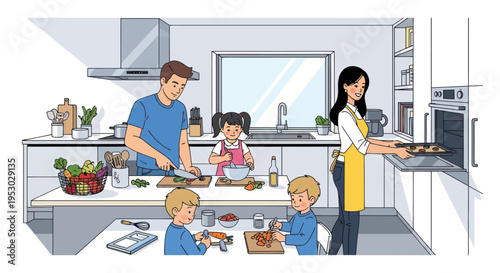 Family Cooking Together in a Modern Kitchen, Healthy Meal Preparation