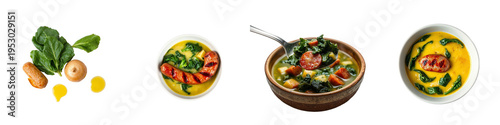 set of pictures for Traditional Portuguese caldo verde green soup with kale, potatoes and chouriço sausage