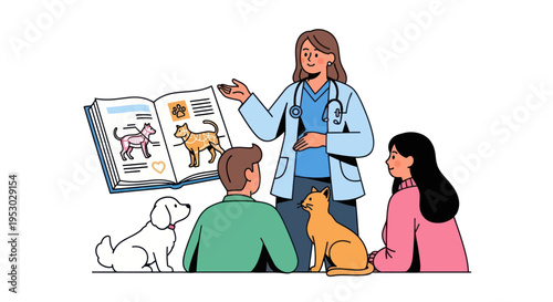 Veterinarian Explaining Pet Care to Owners with Dog and Cat