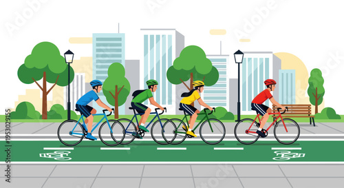 Diverse group cycling on city bike path, urban landscape, active lifestyle illustration