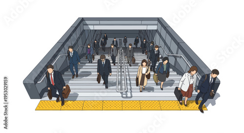 Commuters Ascending Stairs in Modern Underground Passage