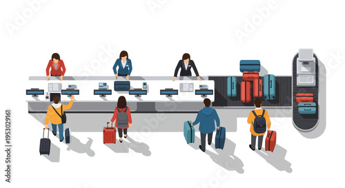 Airport check-in counter with passengers and luggage, flat design illustration
