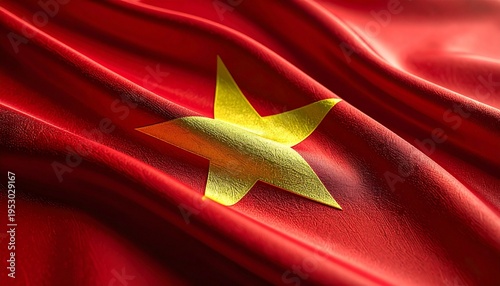 National flag of Vietnam in focus with blurred festival background for Vietnam's Reunification Day