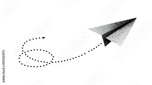 A paper airplane flies through a dotted line trail. Against a white background. Black dot pattern