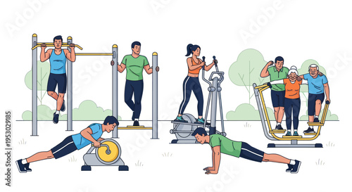 Outdoor Fitness Park with Diverse People Exercising