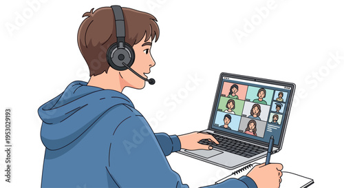 Young man with headset attending online meeting on laptop, diverse group video call