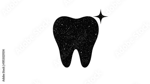 A grainy black tooth silhouette with a sparkling star on white backdrop, dental hygiene concept