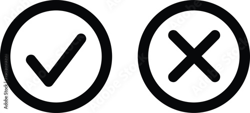 Black check mark and cross symbols in circles, tick and x icons for choice, minimalist true false signs, isolated voting buttons, correct wrong marks, success failure elements.