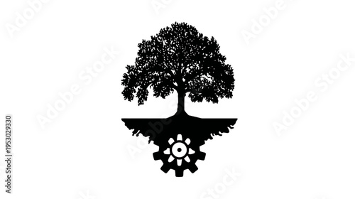 A silhouetted tree with a gear-like symbol below the roots, on a stark white background
