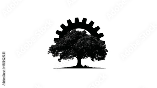 A stylized tree with a gear design overlayed on top. Black and white, against a white background
