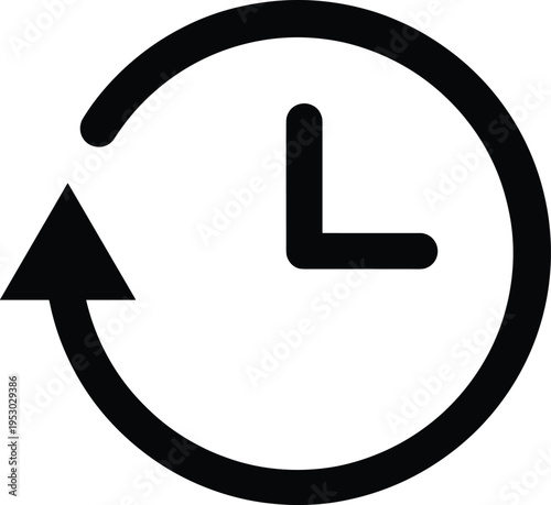 Black clock history icon with rotation arrow, time management symbol, backup recovery sign, past events countdown vector illustration