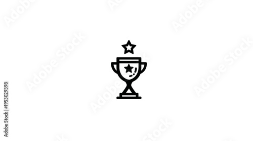 A line-art illustration of a trophy with a star above, set against a stark white background