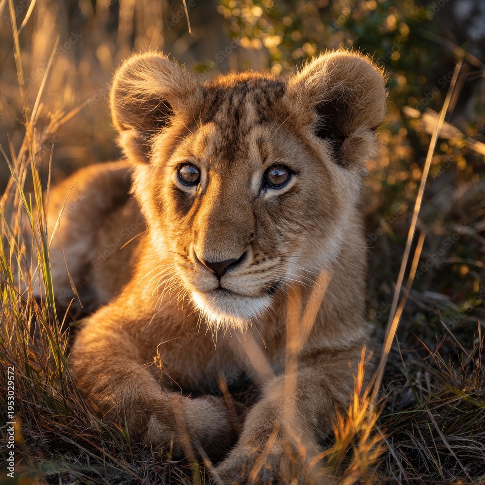 Obraz premium Playful baby big cat in warm light among grasses