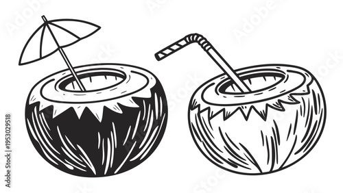 Two coconuts with straw and umbrella, tropical drink illustration