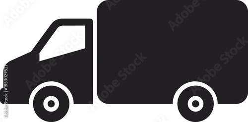 Black delivery truck icon facing left, logistics silhouette for shipping, freight transport, commercial van, distribution courier service isolated on white