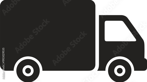 Black delivery truck icon, logistics silhouette for shipping, freight transport, commercial van, distribution courier service isolated on white background
