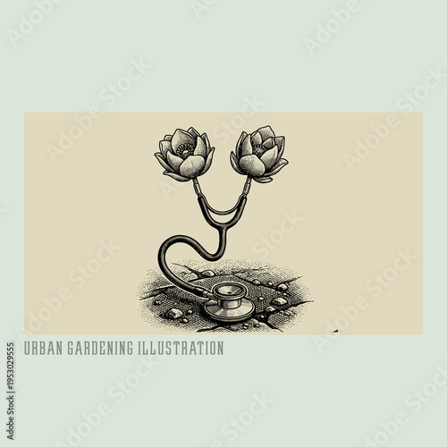 Urban garden illustration, hand-drawn organic greenery and nature-inspired design for modern living