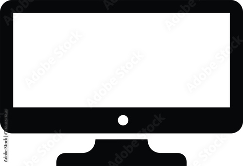 Black desktop computer monitor icon, flat screen display silhouette, minimalist digital device vector illustration, electronic hardware technology graphic symbol