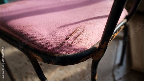 Close-up of a weather-beaten, distressed pink fabric chair with a worn metal frame, highlighting texture and decay in natural light