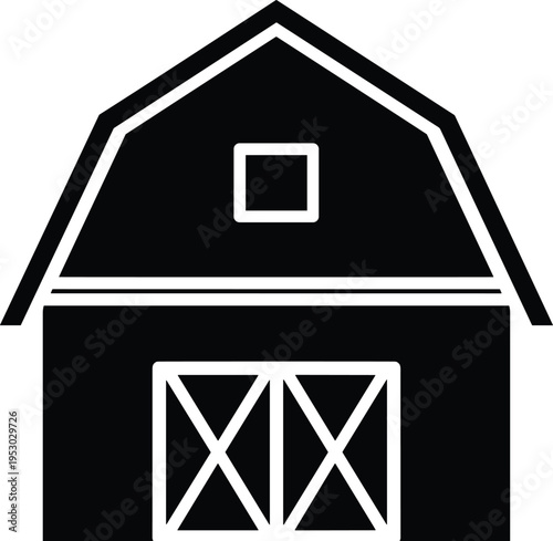 Black farm barn house icon, rustic agriculture building symbol, rural countryside architecture, wooden granary shed vector illustration